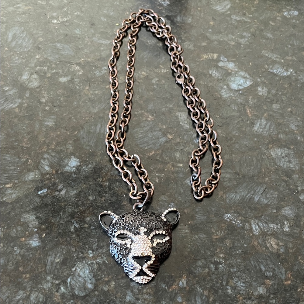 Cato Vintage Rhinestone Panther Leopard Pendant Necklace Silvertone